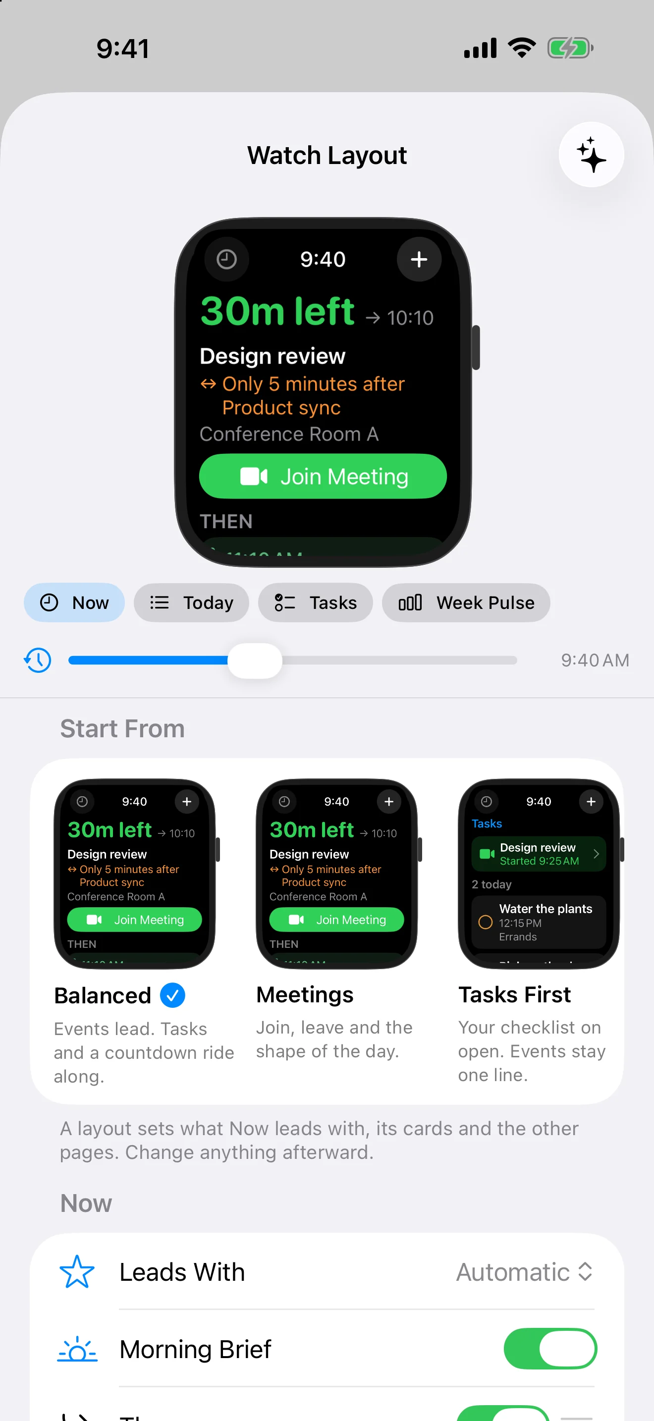 InstaCal on iPhone previewing the Apple Watch layout with a time slider and layout choices