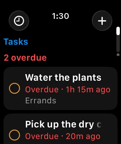 Tasks First layout: two overdue tasks ready to tick off