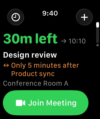 InstaCal on Apple Watch mid-meeting: 30 minutes left in Design review, a note that only 5 minutes separate it from Product sync, and a Join Meeting button