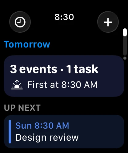8:30 PM: Tomorrow, 3 events and 1 task, first at 8:30