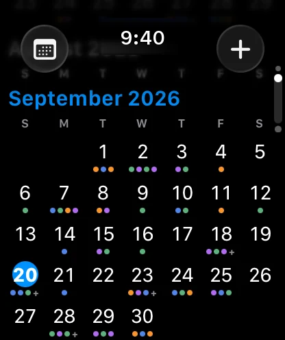 Month view on Apple Watch: September 2026 with a colored dot under each date for every event and today circled in blue