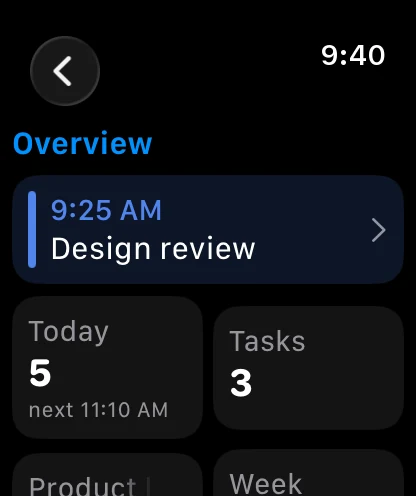 Overview page with tiles for Today, Tasks, a countdown and the week