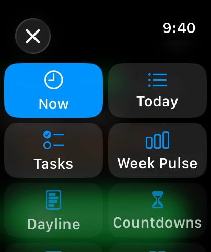 The page switcher: Now, Today, Tasks, Week Pulse, Dayline, Countdowns as tiles