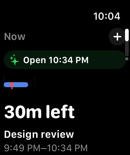 InstaCal Right Now on a 46 millimeter Apple Watch showing an active Design review and the next free block