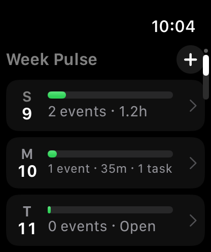 Week Pulse on Apple Watch showing event and task load across several days