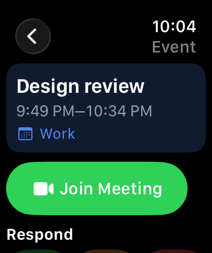 Apple Watch event details with a prominent Join Meeting button and invitation response controls