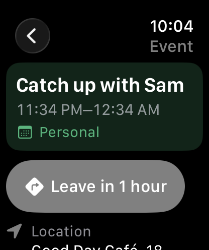 Apple Watch event details showing Leave in 1 hour and the event location