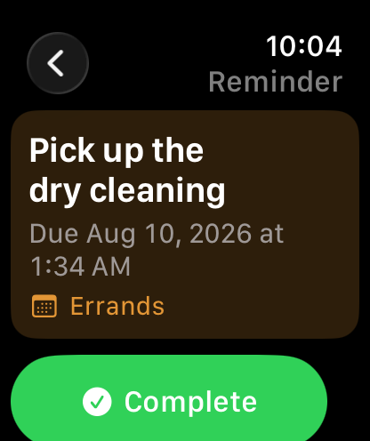 Apple Watch reminder details with a large Complete button