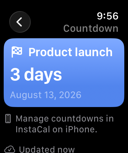 Countdown detail on a 46 mm Apple Watch for a product launch in three days