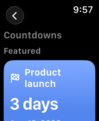 Countdowns list running on a 40 mm Apple Watch