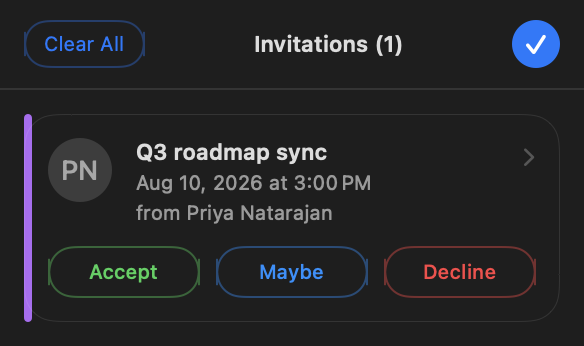 The Invitations inbox showing a Q3 roadmap sync from Priya Natarajan with Accept, Maybe and Decline buttons
