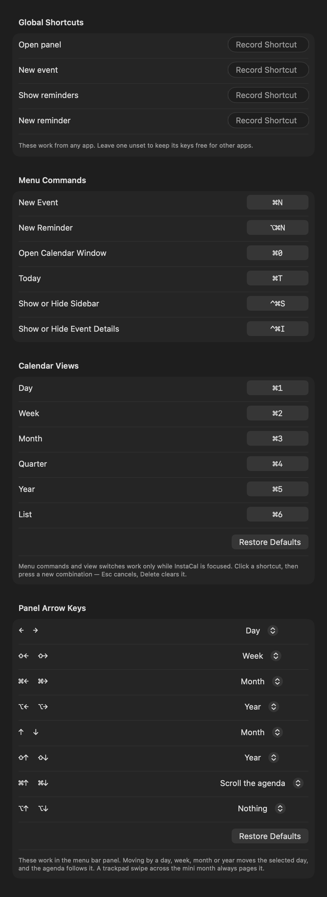 Shortcut settings listing global shortcuts, menu commands, calendar views and configurable panel arrow keys