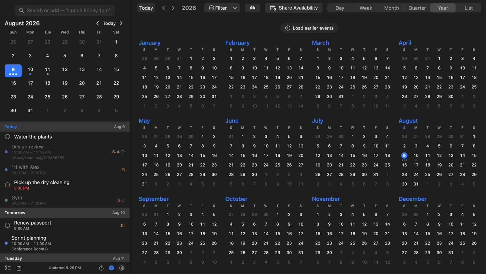 InstaCal Year view showing all twelve months of 2026 at once beside the agenda