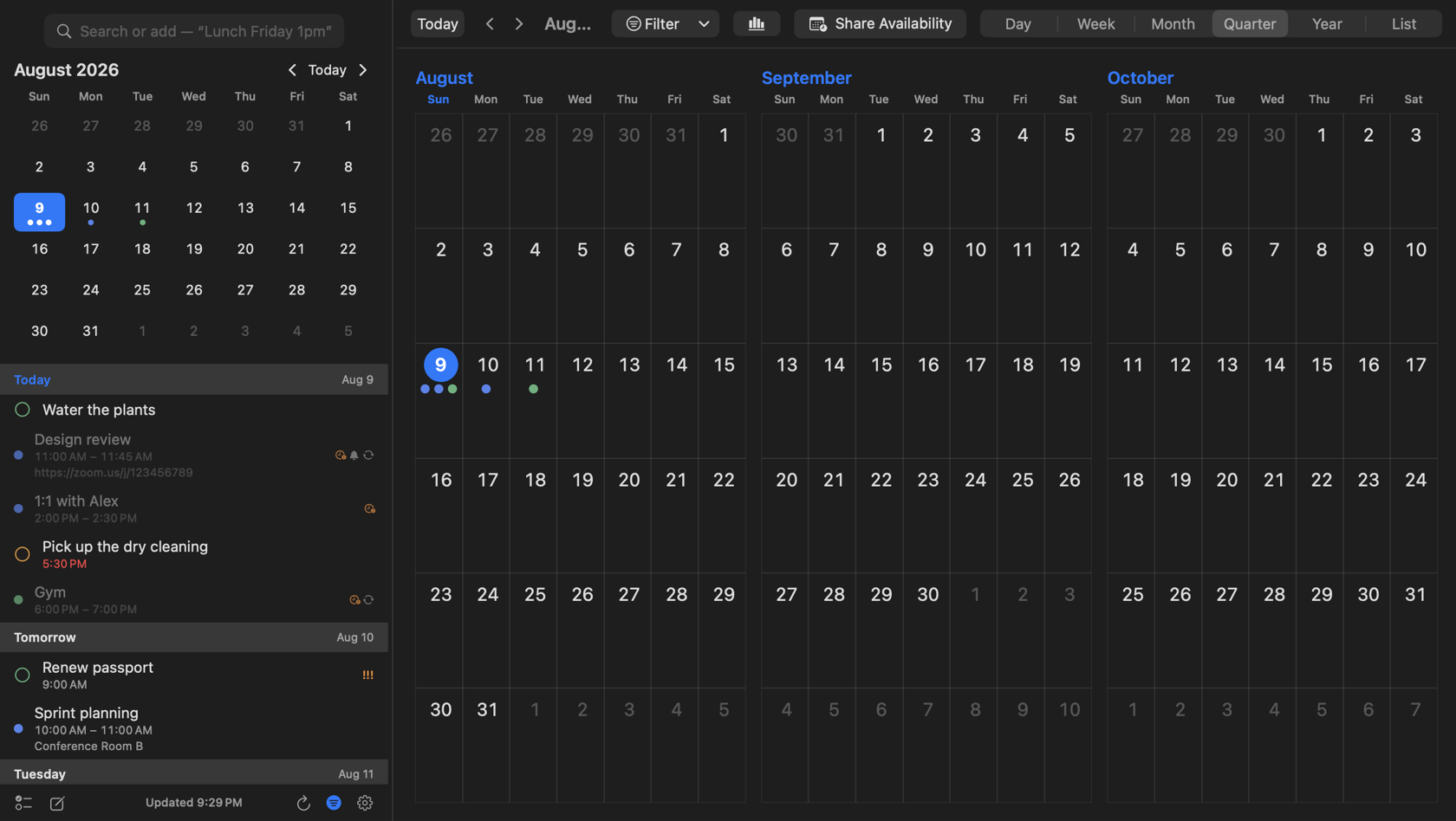 InstaCal Quarter view showing August, September and October together with event dots on their days
