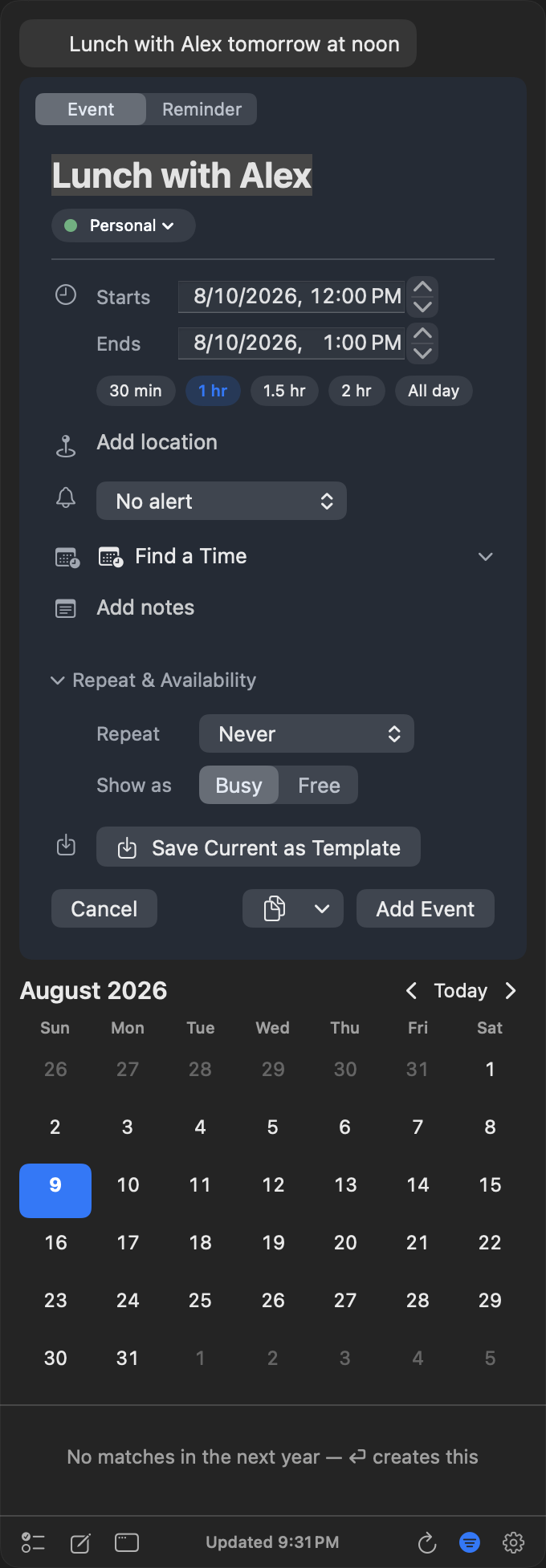 InstaCal Quick Add field showing a parsed event preview