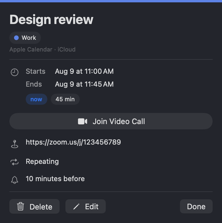 A Design review event showing a large Join Video Call button and its Zoom meeting address