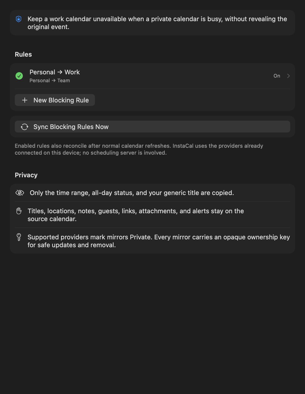 InstaCal Conflict Blocking settings for source and destination calendars