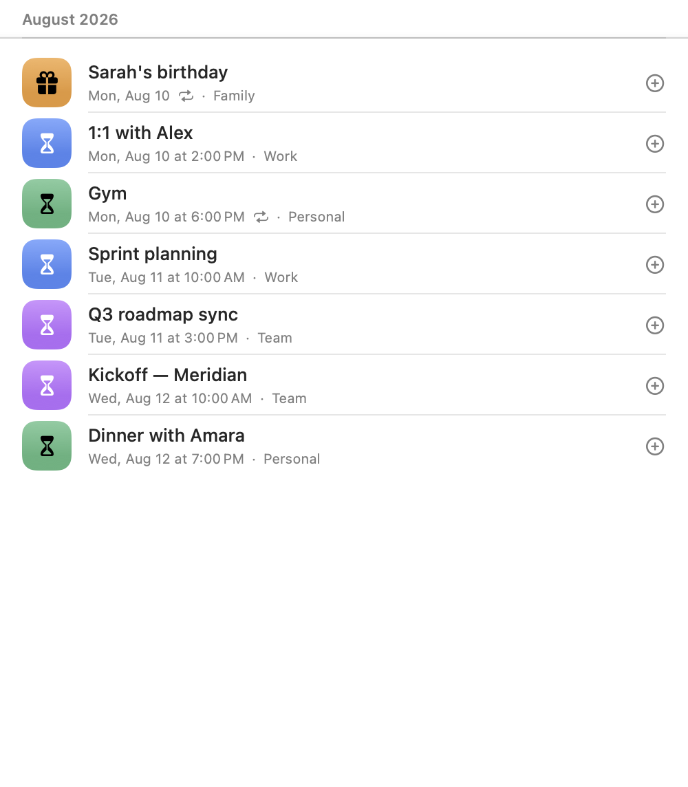 The From Calendar chooser on Mac listing upcoming Family, Personal, Work and Team events including Sarah's birthday and Kickoff — Meridian, each with its date, recurrence and calendar