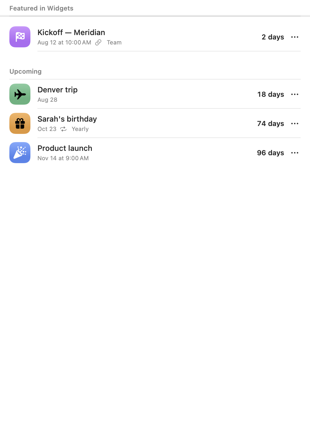 Countdowns settings on Mac with Kickoff — Meridian featured in widgets above Denver trip, Sarah's birthday and Product launch