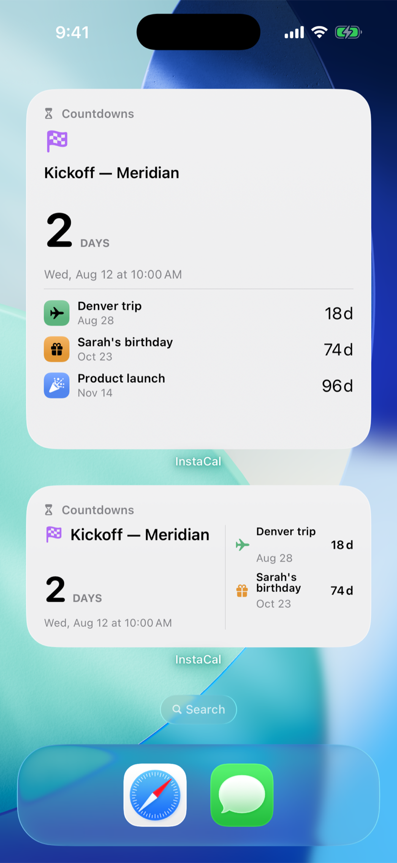 iPhone Home Screen with large and medium Countdowns widgets showing Kickoff — Meridian at 2 days, Denver trip at 18 days, Sarah's birthday at 74 days and Product launch at 96 days