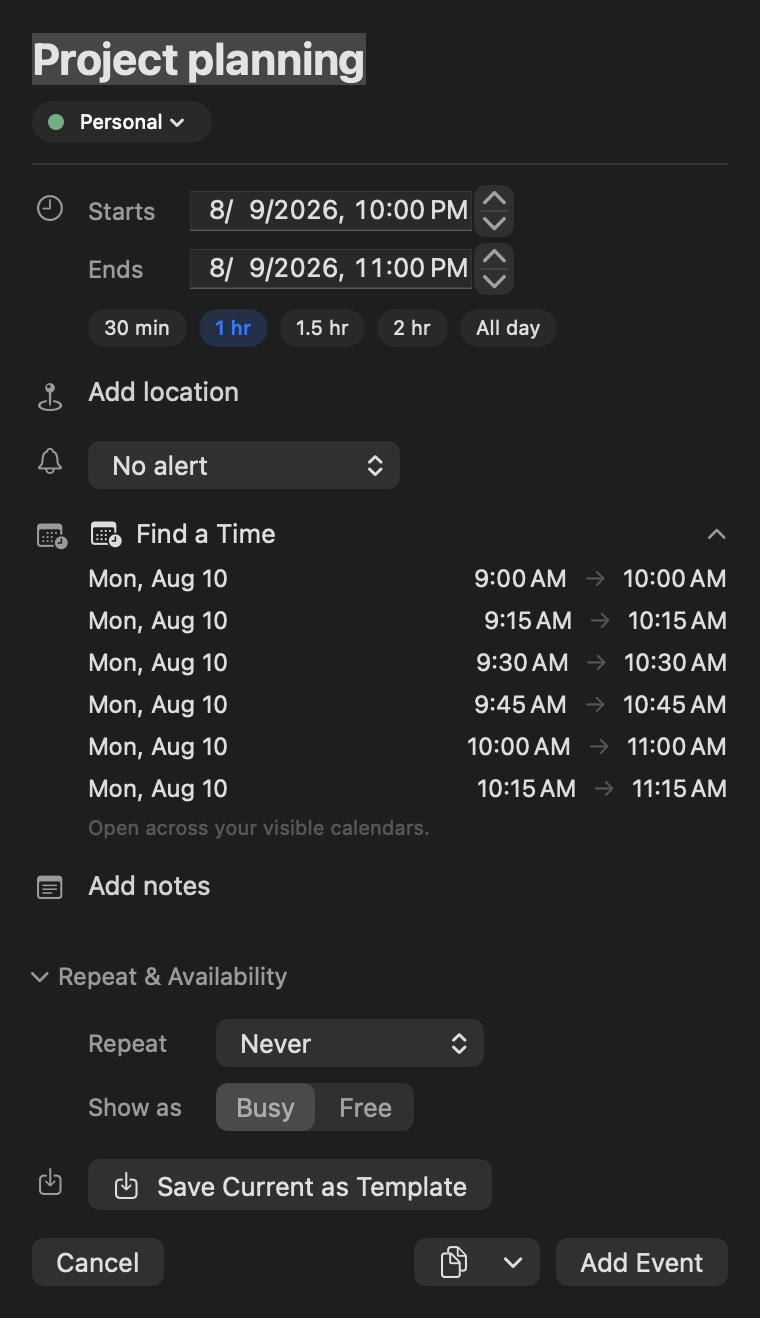 InstaCal Find a Time showing available meeting slots