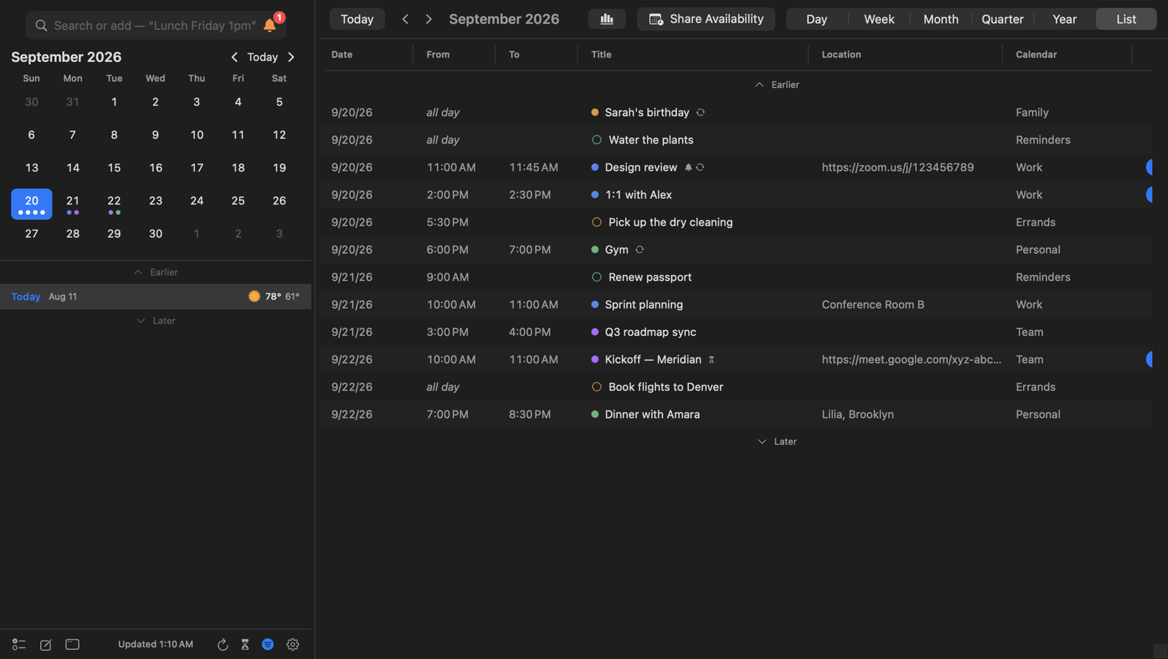 InstaCal List view on Mac scrolled into September 2026, with September shown in both the left mini calendar and center heading and September 20 selected beside matching List rows