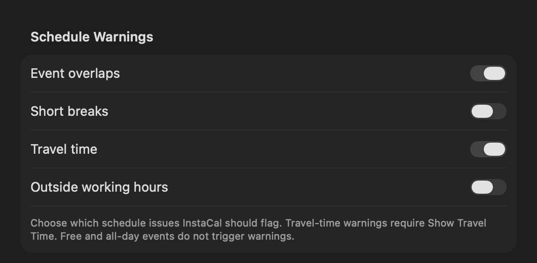 Schedule Warnings settings with separate switches for Event overlaps, Short breaks, Travel time and Outside working hours