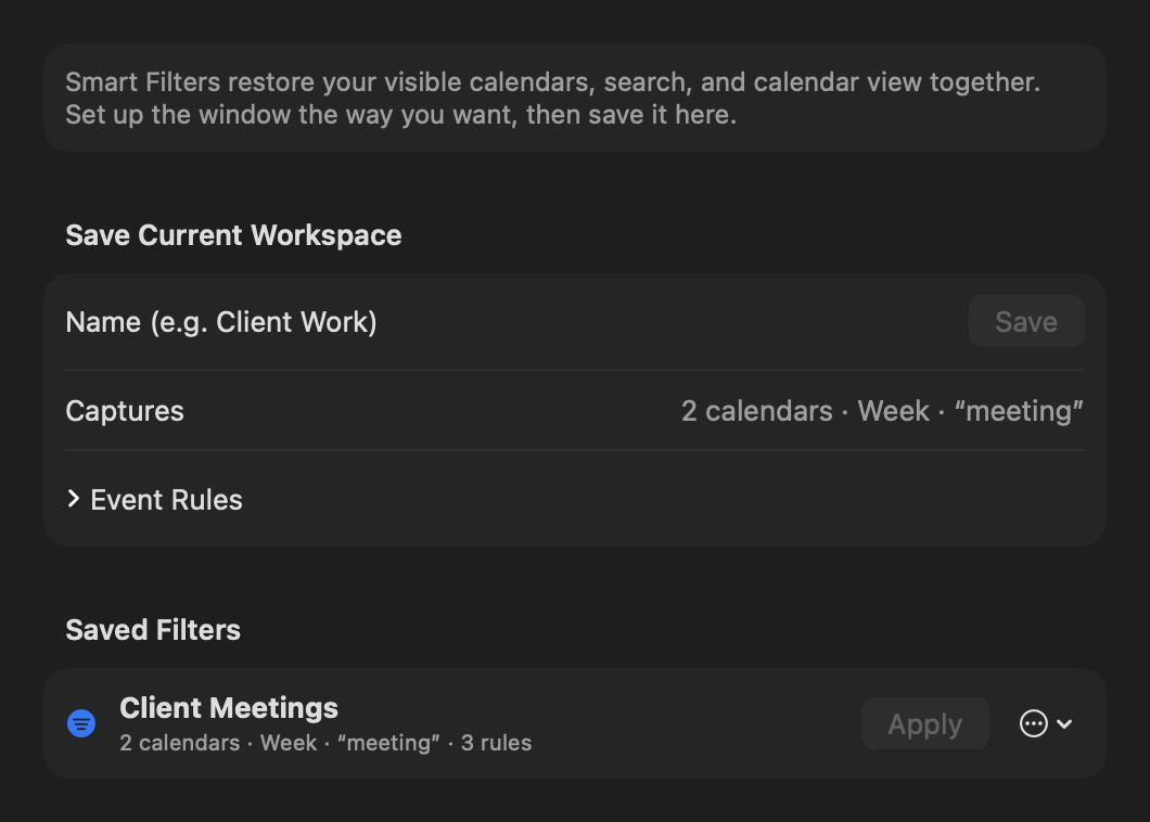 InstaCal Smart Filters settings with saved calendar workspaces