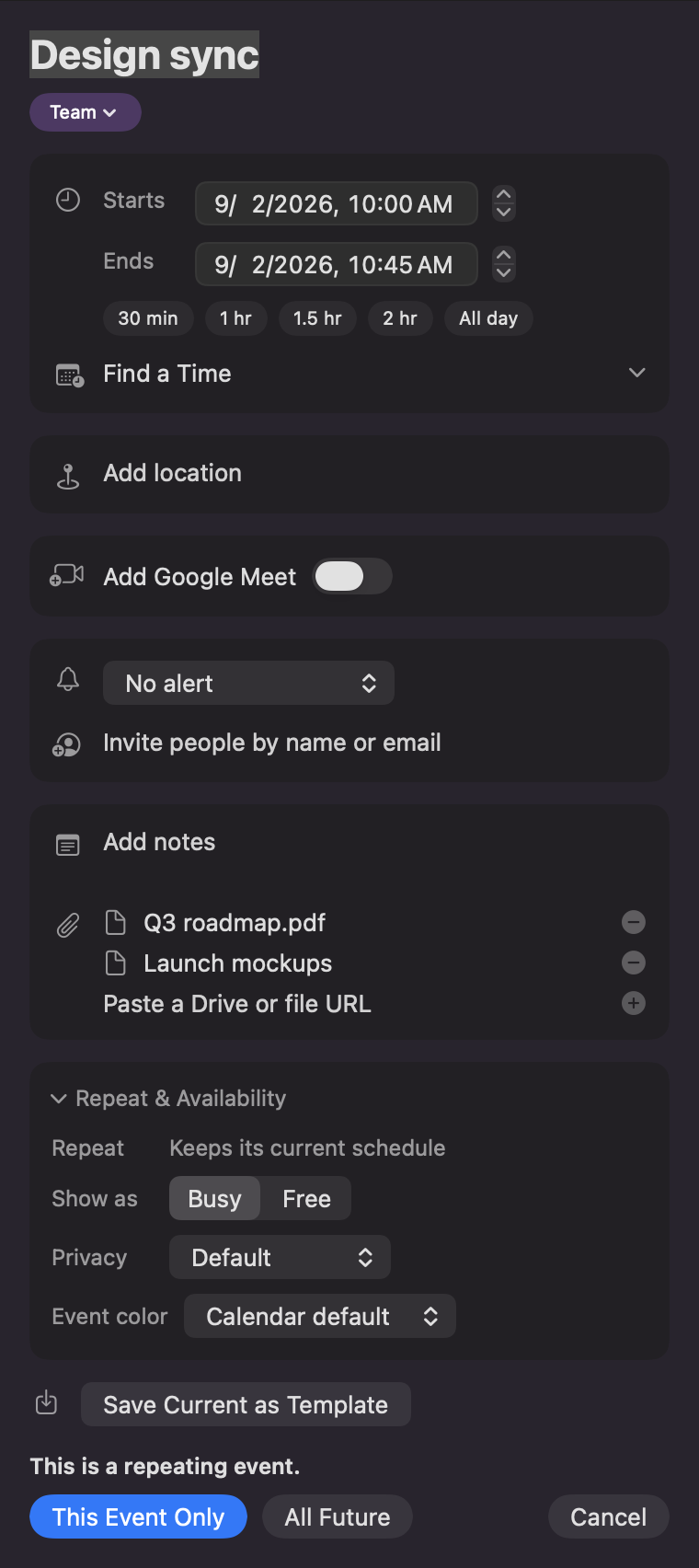 The Mac event editor for a repeating Google event named Design sync on the Team calendar, with the inline question This is a repeating event and the buttons This Event Only, All Future and Cancel beneath the form