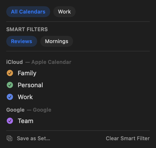 The menu bar panel's calendars popover on Mac with a Work calendar set, two Smart Filters named Reviews and Mornings with Reviews selected, the iCloud and Google calendar lists, and Save as Set and Clear Smart Filter at the foot