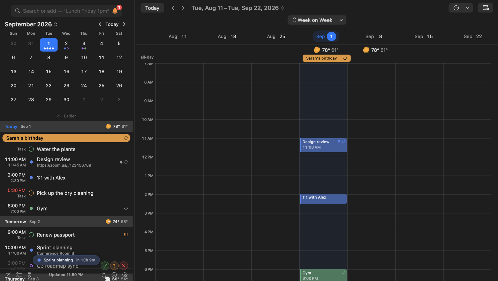 InstaCal's calendar window on Mac in Week on Week view with seven Tuesday columns from August 11 to September 22, an all-day strip carrying Sarah's birthday, and Design review, 1:1 with Alex and Gym on the highlighted current Tuesday beside the agenda sidebar