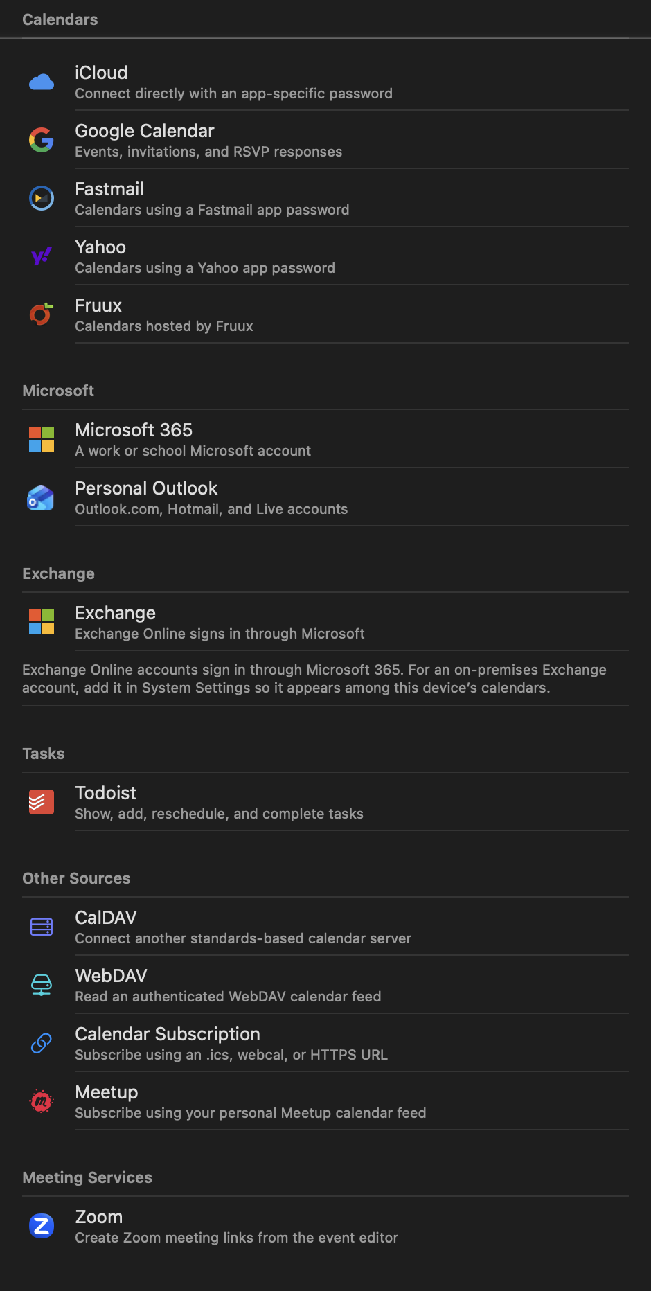 The Add Account list on Mac grouped as Calendars with iCloud, Google Calendar, Fastmail, Yahoo and Fruux; Microsoft with Microsoft 365 and Personal Outlook; Exchange; Tasks with Todoist; Other Sources with CalDAV, WebDAV, Calendar Subscription and Meetup; and Meeting Services with Zoom