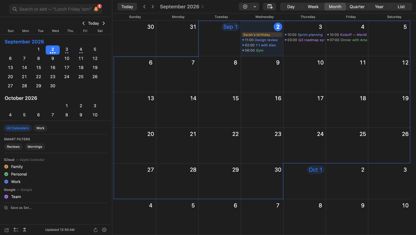 InstaCal's calendar window on Mac in Month view, with the sidebar showing a scrolling run of months above the calendar list