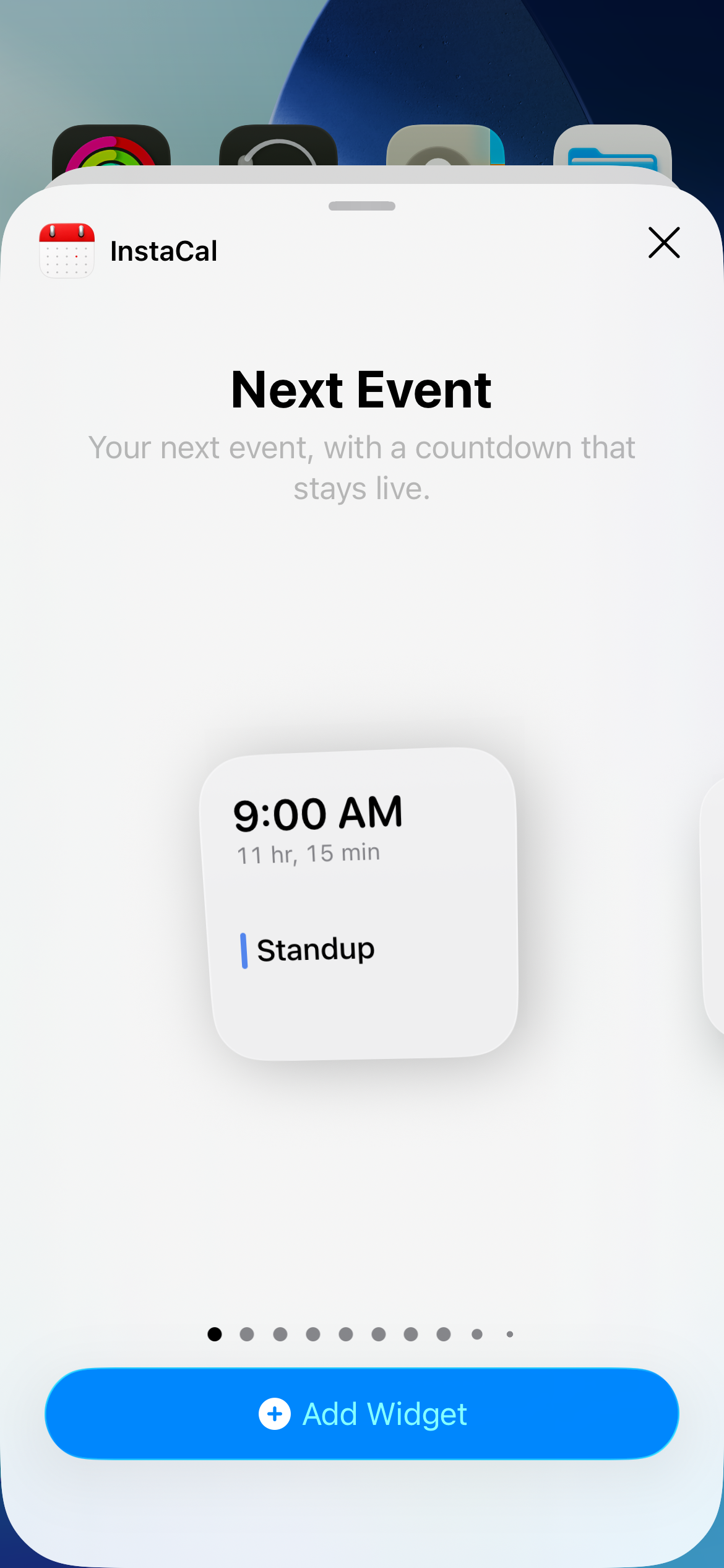 InstaCal Next Event widget in the iPhone widget gallery