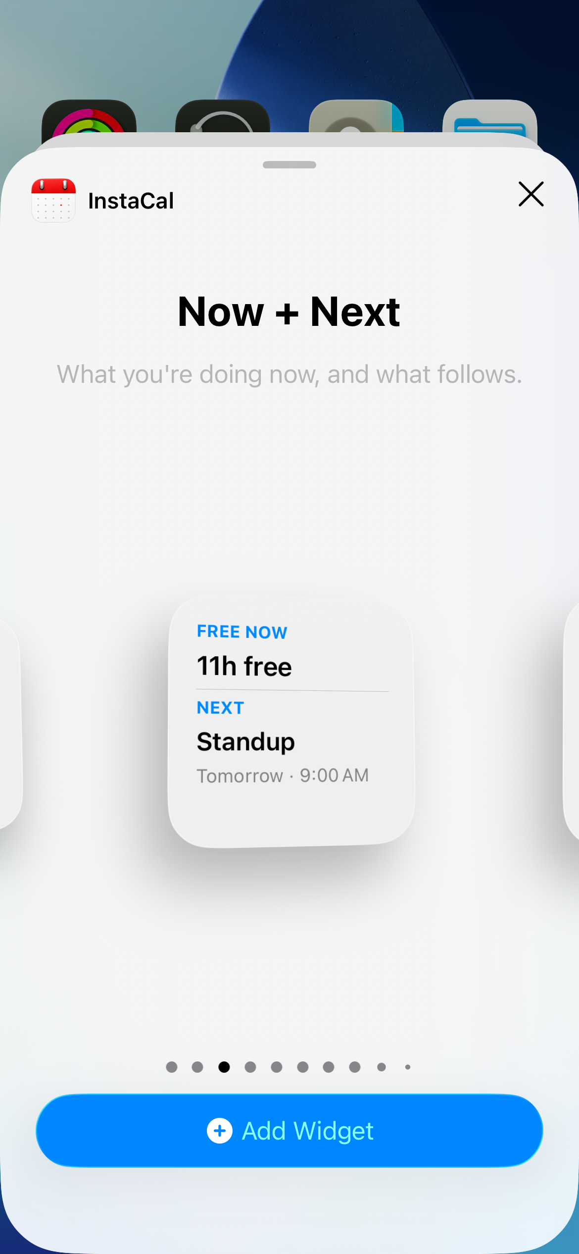 InstaCal Now and Next widget in the iPhone widget gallery