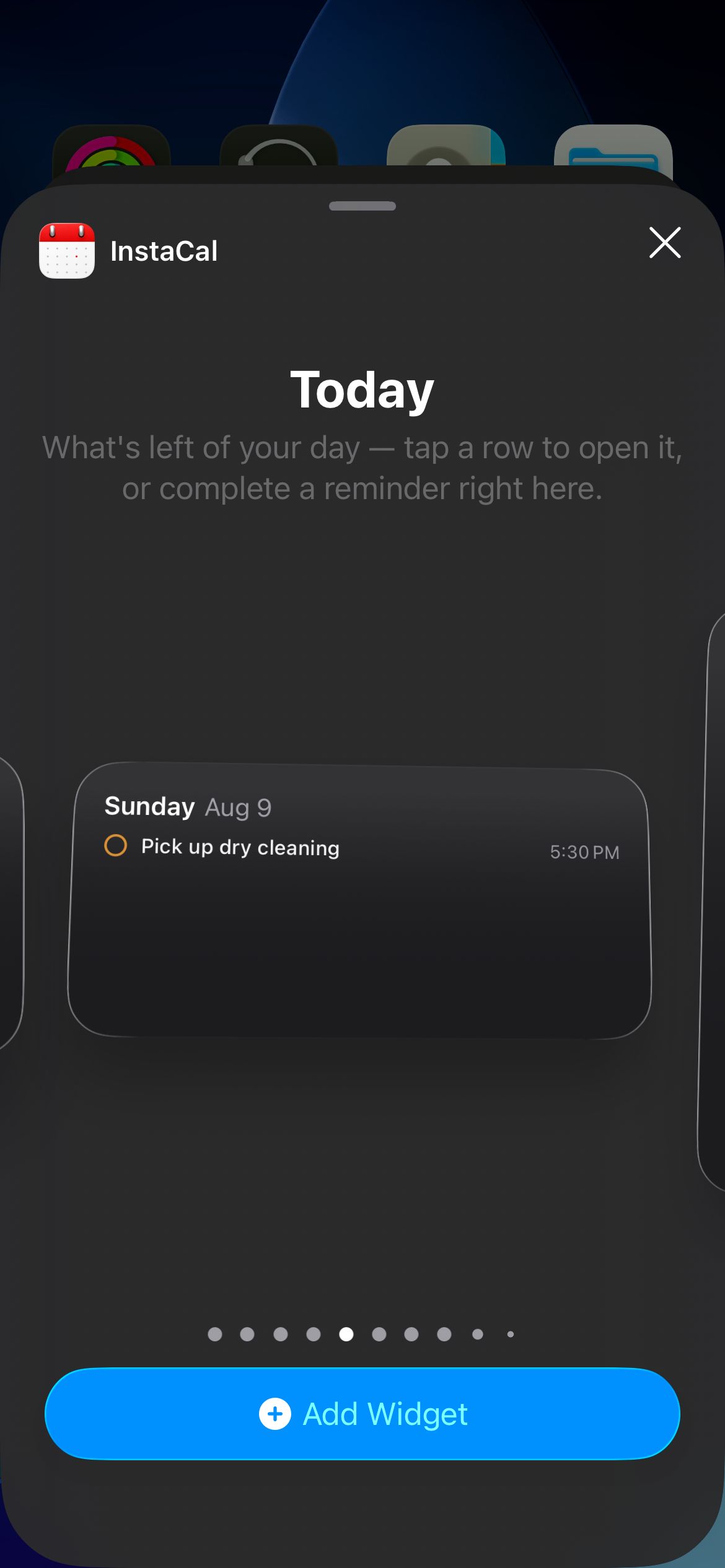InstaCal Today widget in dark appearance