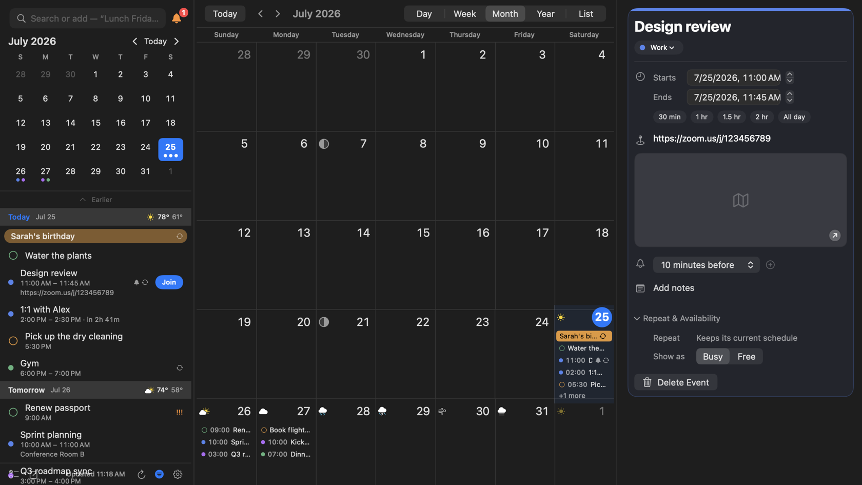 InstaCal's full calendar window in dark mode: the agenda sidebar, a month grid with Day, Week, Month, Year and List view options, and an event's details open in the right-hand inspector
