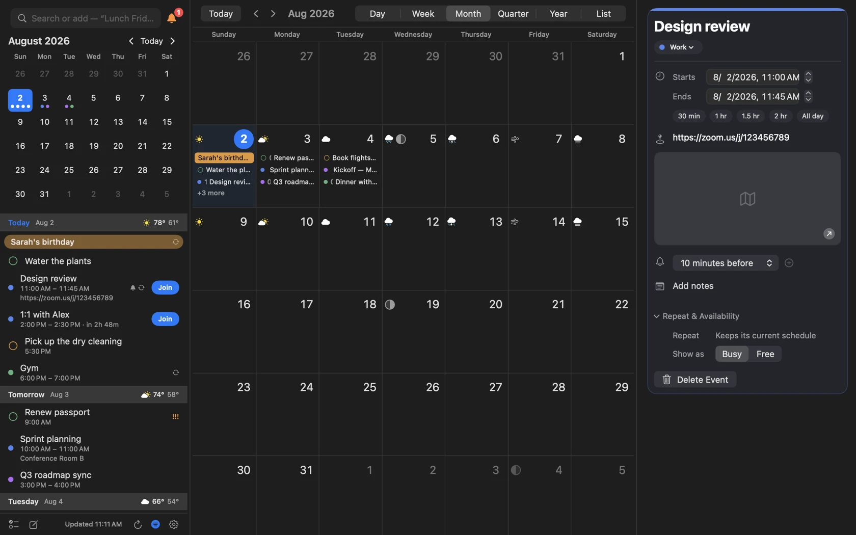 InstaCal's full calendar window in dark mode: the agenda sidebar, a month grid with Day, Week, Month, Quarter, Year and List view options, and an event's details open in the right-hand inspector